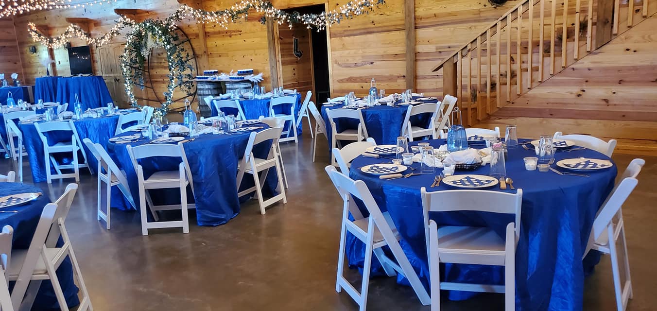 blue and white party decor and table linens